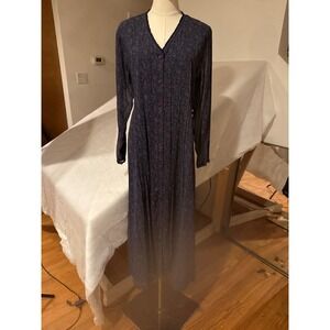 Vintage Navy Paisley Button Front Maxi Dress Long Sleeve V-Neck Tie Back Blue